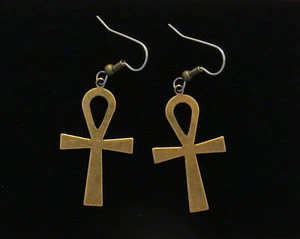 Eternal Cross Cleopatra Ankh Earrings Antiqued Brass Egyptian Queen of the Nile - Picture 1 of 3