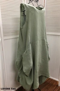LD1066 Tea XLarge NWT Match Point Linen Dress Flax Light Pocket Light Green Plus - Picture 1 of 7