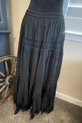 Vtg Phool Boho Tiered Cotton Tulle Lace Pull On Full Lined Black Maxi Skirt Sz M - Image 1 of 4