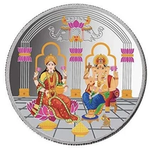 999 Silver Multicolor Maa Lakshmi & Ganesh Ji 10 Gm Premium Coin - Picture 1 of 6