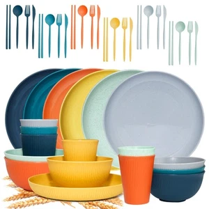 42Pcs Wheat Straw Dinnerware Sets Unbreakable Plates and Bowls Sets Eco Friendly - Picture 1 of 6