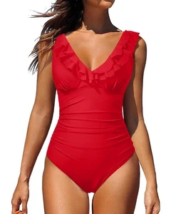 Holipick Damen Chili Rot Einteiler Badeanzug Bauchkontrolle V-Ausschnitt Rüschen M - Bild 1 von 4