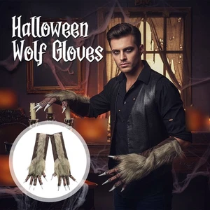 Halloween Wolf Gloves Long Fur Wolf Hands Monster Paw  Props for Costumes - Picture 1 of 11