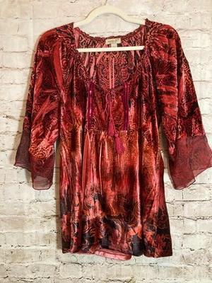 Top boho One World para mujer mediano rojo óxido terciopelo hippie manga campana romántico Foto 1 de 4