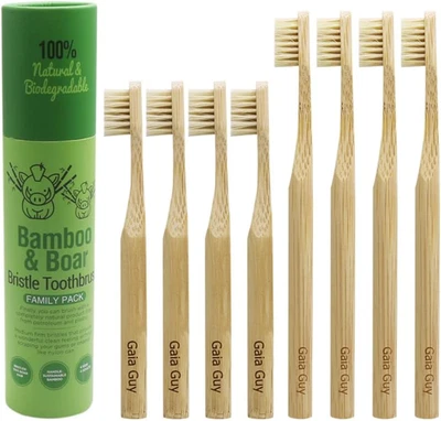 Gaia Guy Natural Bristle Bamboo Toothbrush Family Pack (NO Nylon - Boar Hair ON