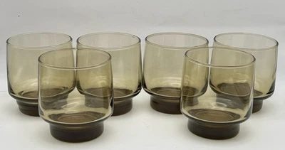 6 Gafas Libbey Tawny Acento Marrón Humo Antiguas Sobre las Rocas 3-1/4" De Colección Foto 1 de 4