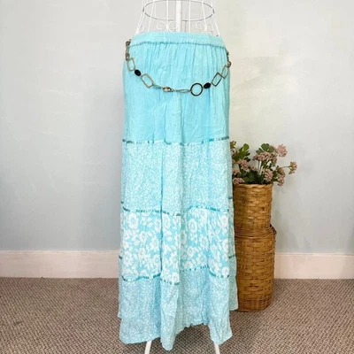 Vintage y2k tiered blue floral ribbon fairy midi peasant prairie skirt — 第 1/4 张图片