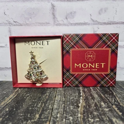 NIB Monet 2" Christmas Tree Brooch Pin Multi Colored Rhinestones on Gold Tone - Image 1 of 3