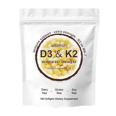 VITAMIN D3 K2 Vitamin D3 & K2 Softgels 10,000 IU + 200 mcg with Coconut Oil | 180 Count