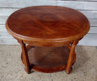 Vintage Mid Century 2 Tier Oval Caned Wood Inlay Marquetry End Lamp Coffee Table
