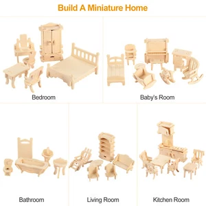 3D Wooden Dollhouse Furniture Puzzle DIY House Room Miniature Model Set Kid Gift - Picture 1 of 12