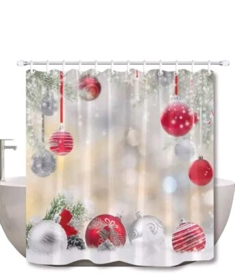Christmas Shower Curtain Set Cedar Snowflake Fashion Red Silvery Balls Bathtub - Image 1 of 4
