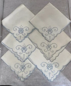 6 Leinenservietten mit Jakobsmuschelrand + Box blau Stickerei Vintage sehr weich Geschenk - Bild 1 von 12