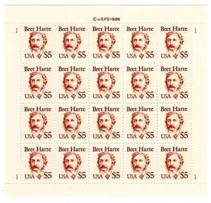 #2196 Mint Sheet of Twenty (20) Bret Harte $5 Commemorative Stamps MNH - Picture 1 of 2