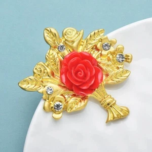 Golden Bouquet Red Rose Rhinestone Brooch Jewelry - Picture 1 of 3
