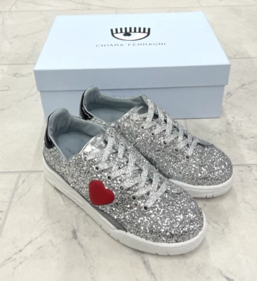 NUEVO EN CAJA Zapatillas Chiara Ferragni Brillo Con Cordones en Plata Talla: 38 (US 8) Foto 1 de 4