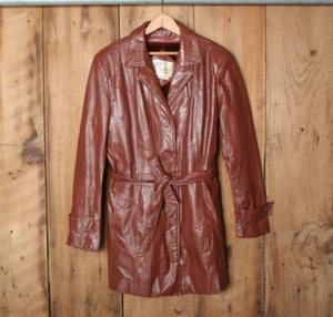 Vintage BERMAN'S Brown Leather Belted Sash Tie 4-Button Jacket Women's Sz. 14 - Picture 1 of 14