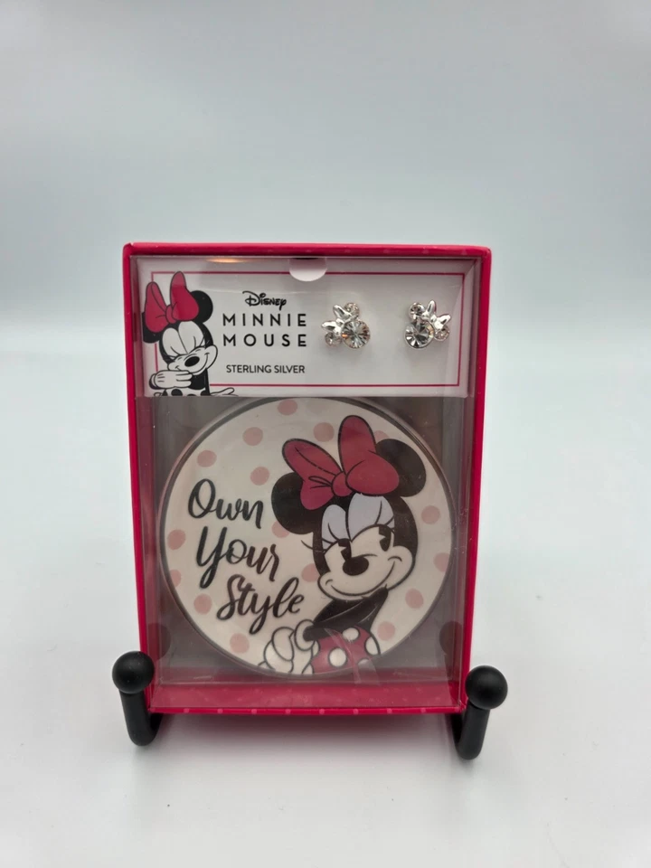 Minnie Mouse Clear Crystal Stud in Sterling Silver With Bonus Trinket Dish