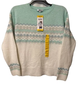 525 Women's Super Soft Crewneck Pullover Lurex Fairisle Sweater Aqua Blue NWT - Picture 1 of 10