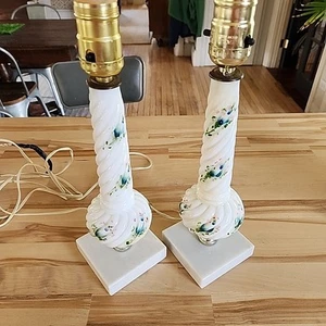 Pair of Vintage Boudoir Lamps Twisted Milk Glass Marble Base Small Flower 12.5" - Picture 1 of 15