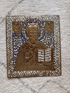 Größte russische bronze Nikolai Ikone  blau-weiss Emaille 19.s Jh.  - Bild 1 von 9