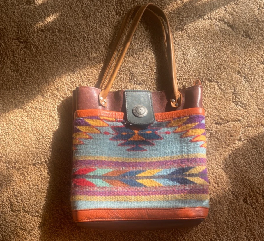 Bolso Cartera Grande Hecho a Mano Calidad Personalizado Patrón Azteca Suroeste Lana y Cuero Foto 1 de 4