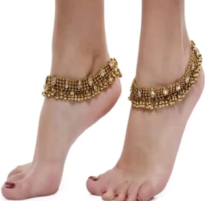 Tobillera Ghungroo Dorada India Plata Alemana Kundan Oxidada Cz Payal - Imagen 1 de 4