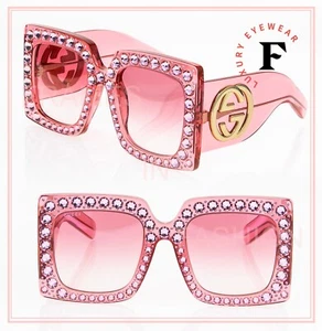 GUCCI Hollywood Forever 0145 Pink Logo Crystal Gg0145 001 Oversized Sunglasses - Picture 1 of 12