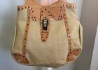 Exquisite J. large leather trimmed straw studded artisan boho shoulder bag purse