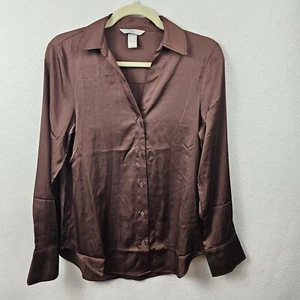 H&M Shirt Woman’s Size XS Brown Long Sleeve Button Up Blouse - Picture 1 of 6