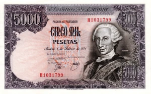 Spain 5000 Pesetas 1976 aUNC Banknotes P-155 Prefix H Paper Money - Picture 1 of 2