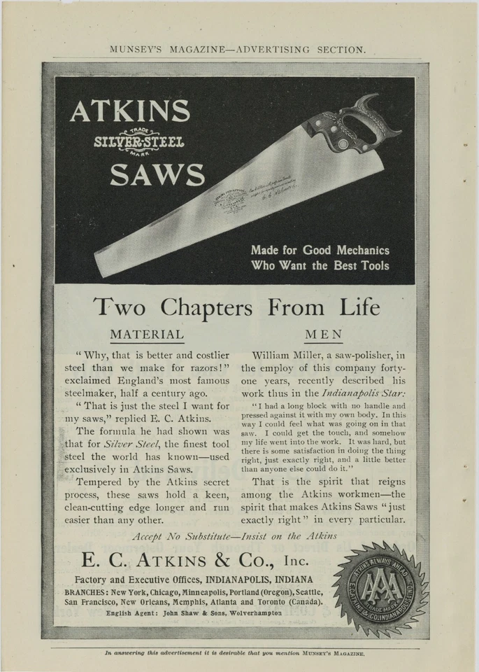 1906 E.C. Atkins & Co. Ad: Silver Steel Saws - Indianapolis, Indiana - Image 1 of 1