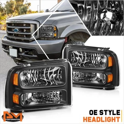 For 99-04 Ford F250/350/450/550 Super Duty Black Housing Amber Corner Headlights - Image 1 of 4