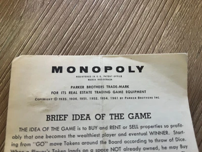 Hoja de reglas del juego de mesa Monopoly vintage 1961 Foto 1 de 4