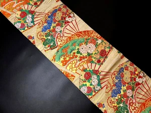 Japanese Kimono,SILK,Antique,MaruObi,Decorative fan,,Gold thread,L13' 2"..4542-3 - Picture 1 of 9