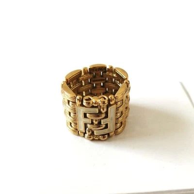 РЕДКОЕ Золотое Кольцо FENDI FF Логотип Плетеная Цепочка Лента Модная Ювелирная Бижутерия Подлинное Отличное - Изображение 1 из 4