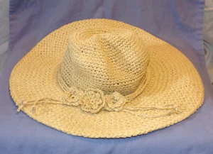 VTG Womens Straw Woven Floppy Garden Sun Beach Hat Flower Cord Band 16" Natural - Picture 1 of 5