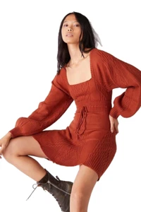 Free People Women's Cinnamon Long Sleeve Square Neck Short Mini Dress Size Large - Picture 1 of 7