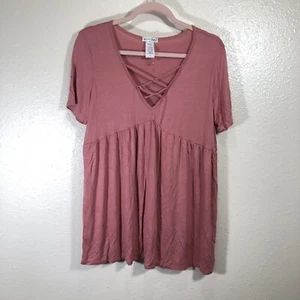 Banana Lemon Short Sleeve Babydoll Top Pink V Neck Caged Stretch Oversized S M - Foto 1 di 5