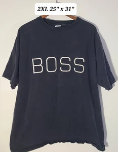 Vintage 90s BOSS Embroidered Spellout Black 2XL T-Shirt Single Stitch Made/USA - Picture 1 of 5
