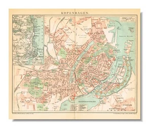 COPENHAGEN Antique Vintage Map printed 1895 København city plan DENMARK - Picture 1 of 13