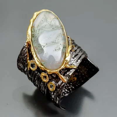 Jewelry 19 ct Natural Moss Agate Ring 925 Sterling Silver Size 8 /R418664 - Image 1 of 4