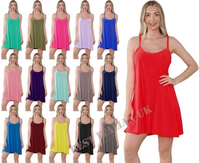 Womens Ladies Plain Summer Cami Swing Mini Dress Long Top vest Plus Size S-2XL - Image 1 of 3