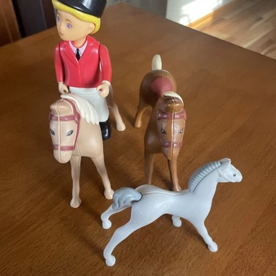 3 Vintage Little Tikes Dollhouse Stable Horses  + rider - Image 1 of 4