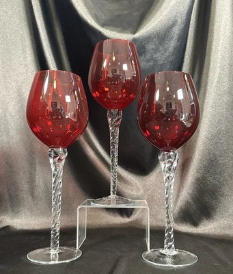 Set of 3~Elegant 11.5” Tall Ruby Red Wine Glasses With Clear Twisted Stem~Unique - Image 1 of 4