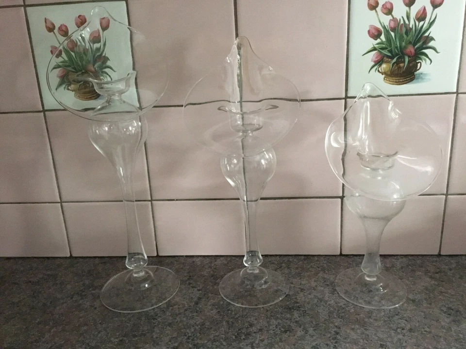Cascade Candle Stick Holders Clear Glass Hand Blown Big E Set Of Three - Image 1 of 4