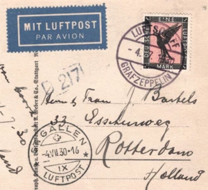GERMANY Air GRAF ZEPPELIN Card 1930 *AN BORD MESSAGE* St Gallen Rotterdam KZ115 - Picture 1 of 12