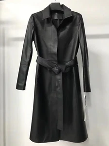 Real Soft Leather Long Coat Belted Windbreaker Black Buttoned Jacket Custom Made - Picture 1 of 3