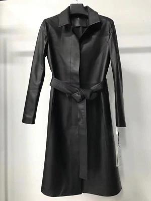Real Soft Leather Long Coat Belted Windbreaker Black Buttoned Jacket Custom Made - Image 1 of 3