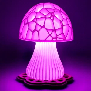 Mushroom 3D Printed Accent Lamp - LED Light - Real Wood Base - Plant Gift Art - Picture 1 of 6